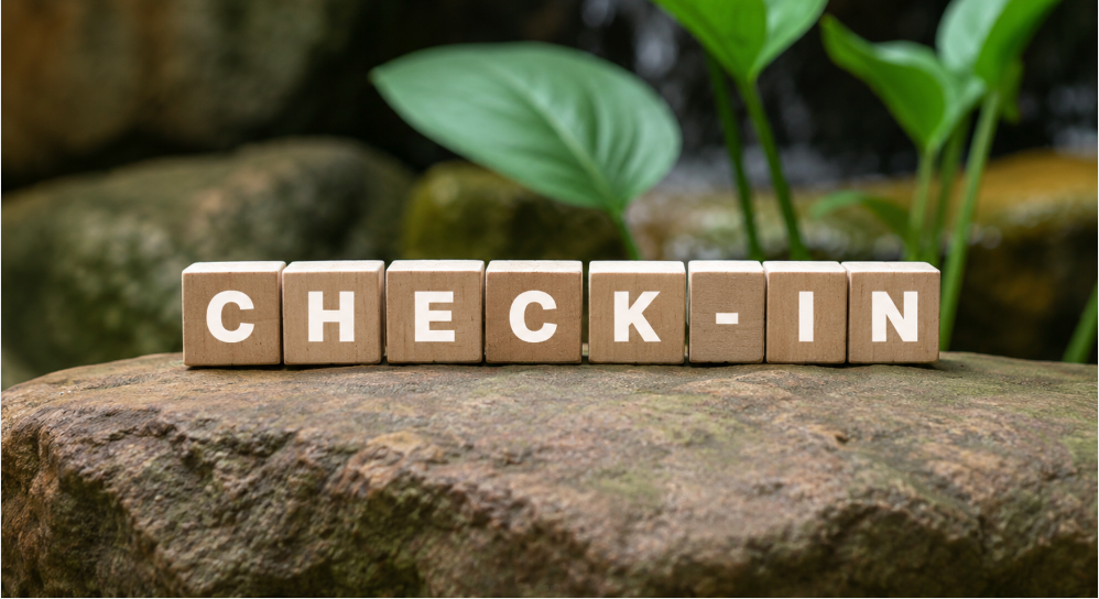 Wooden letter blocks arranged on a stone spell “CHECK-IN,” set against a soft-focus natural background of green leaves, mossy rocks, and a small waterfall, creating a calm and peaceful wellness-inspired scene.