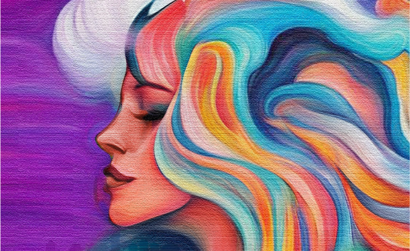 Colorful illustrated profile of a woman with flowing abstract hair in blue, pink, yellow, and orange tones, featuring Lanluis Mystery Rose branding and the text “your skin’s journey” over a textured canvas-style background.