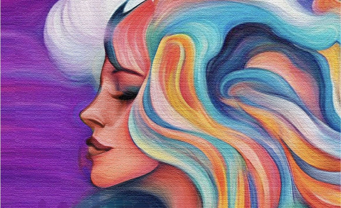 Colorful illustrated profile of a woman with flowing abstract hair in blue, pink, yellow, and orange tones, featuring Lanluis Mystery Rose branding and the text “your skin’s journey” over a textured canvas-style background.