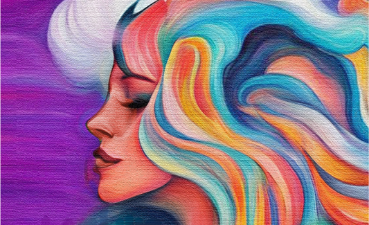 Colorful illustrated profile of a woman with flowing abstract hair in blue, pink, yellow, and orange tones, featuring Lanluis Mystery Rose branding and the text “your skin’s journey” over a textured canvas-style background.