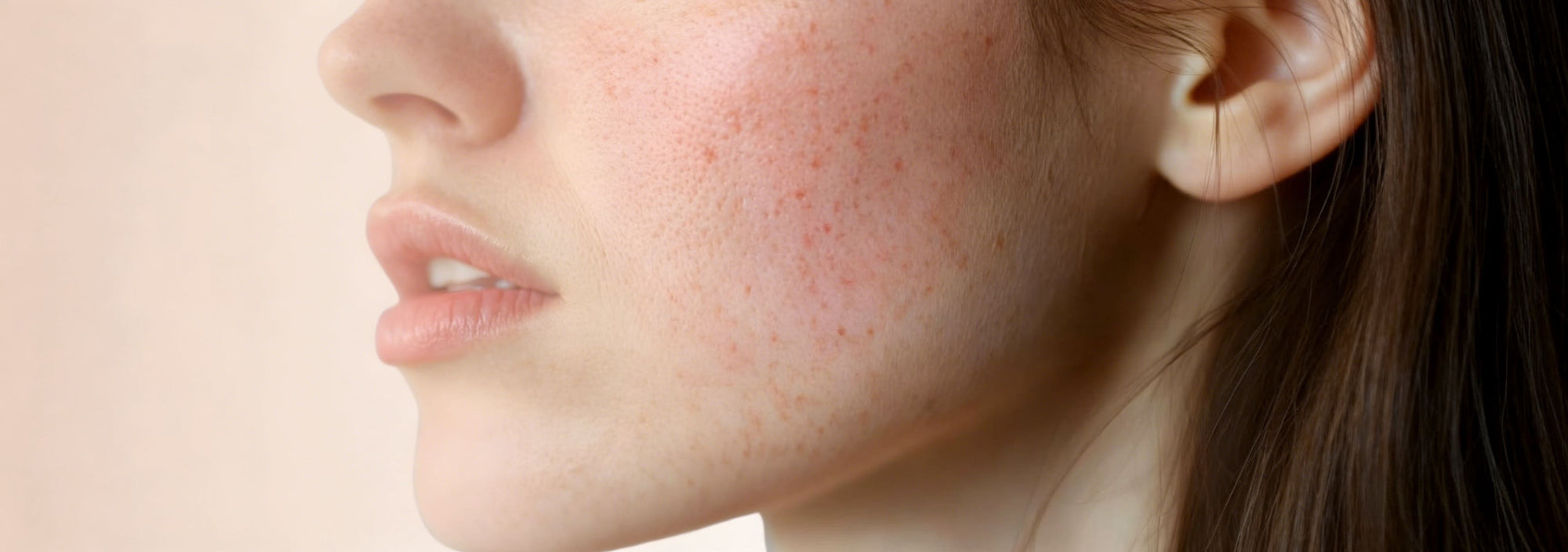 側臉特寫展現季節轉換時肌膚泛紅狀態，襯托膚況轉場主題。