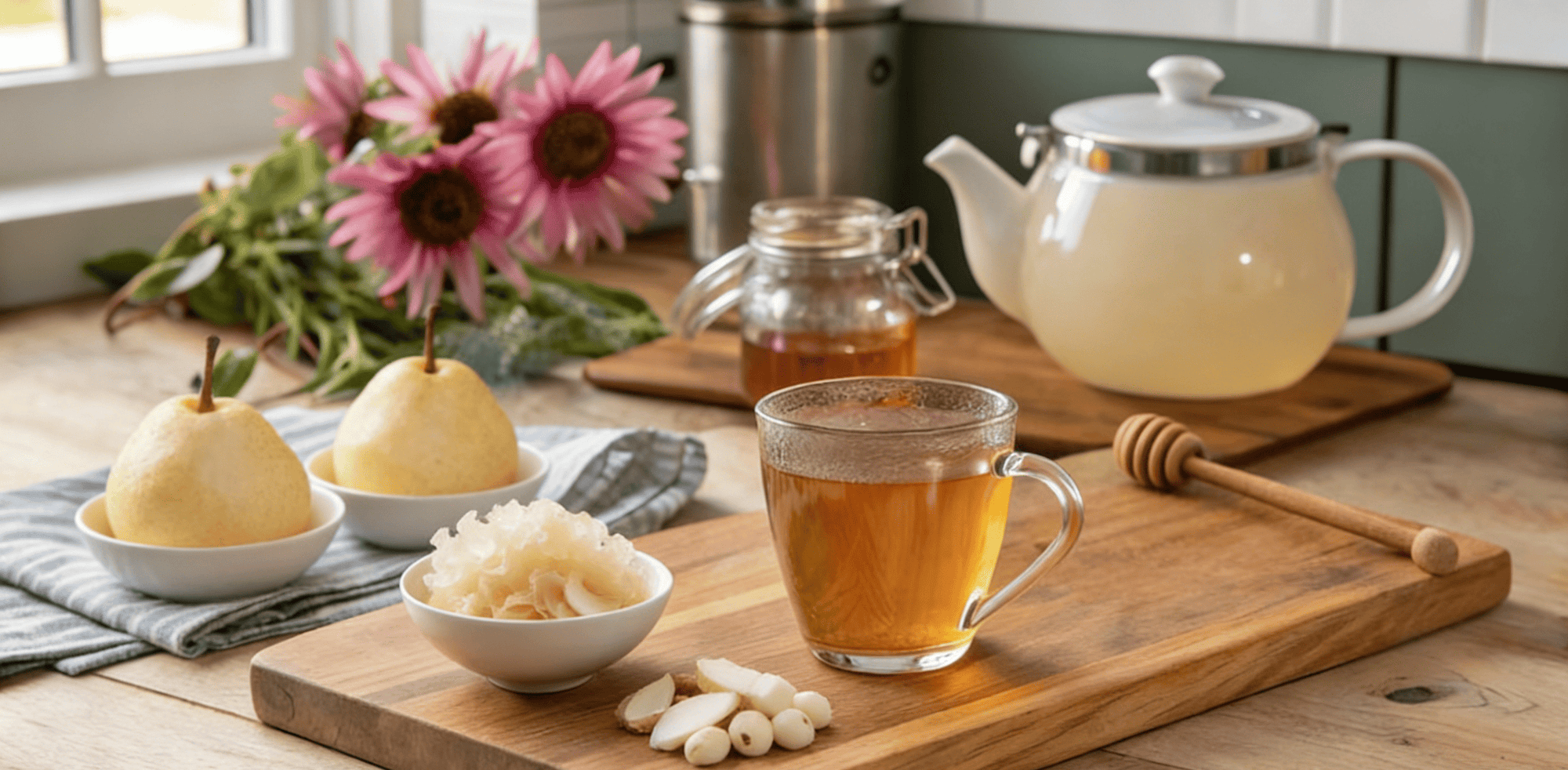雪梨、蜂蜜與銀耳組成溫潤養生畫面，喚起谷雨滋潤食養感。
